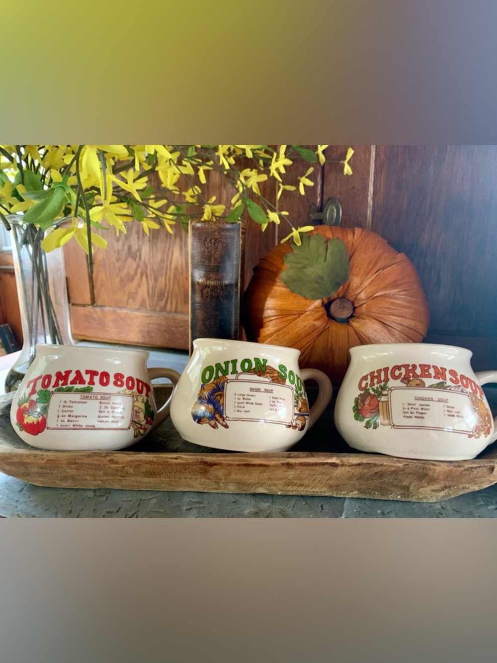 Vintage ceramic tomato, onion and chicken soup mugs